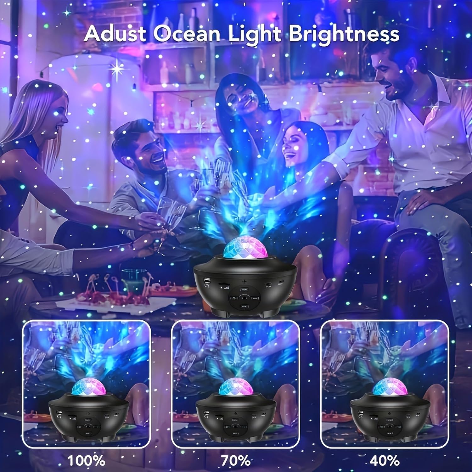 Three images showing the YETHKE Star Projector's ocean light brightness at 100%, 70%, and 40% intensity.
