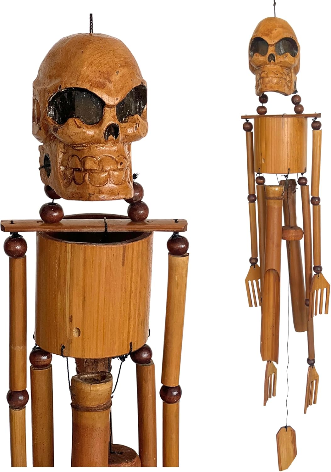 Bellaa 24773 Handmade Bamboo Skull Wind Chimes - 36 Inch Outdoor Garden Decor, Gothic Halloween Skeleton Design from Bali Indonesia, Weather Resistant Patio Yard Art