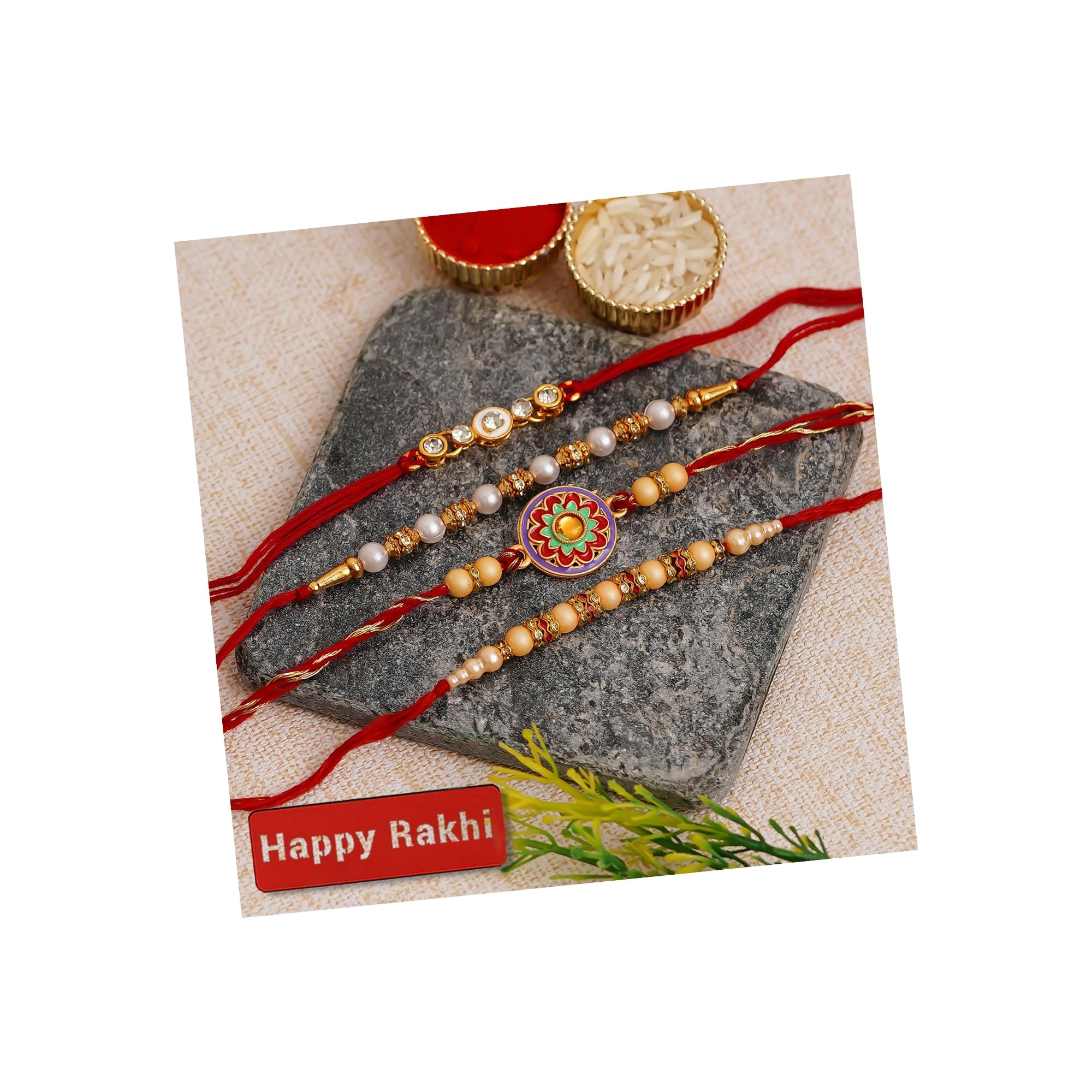 eCraftIndia Set of 4 Designer Pearl Rakhis, Happy Rakhi Wooden Cutout with Roli Chawal Pack - Rakhis for Brothers (B0D1CDNMXL) Amazon Price History, Amazon Price Tracker