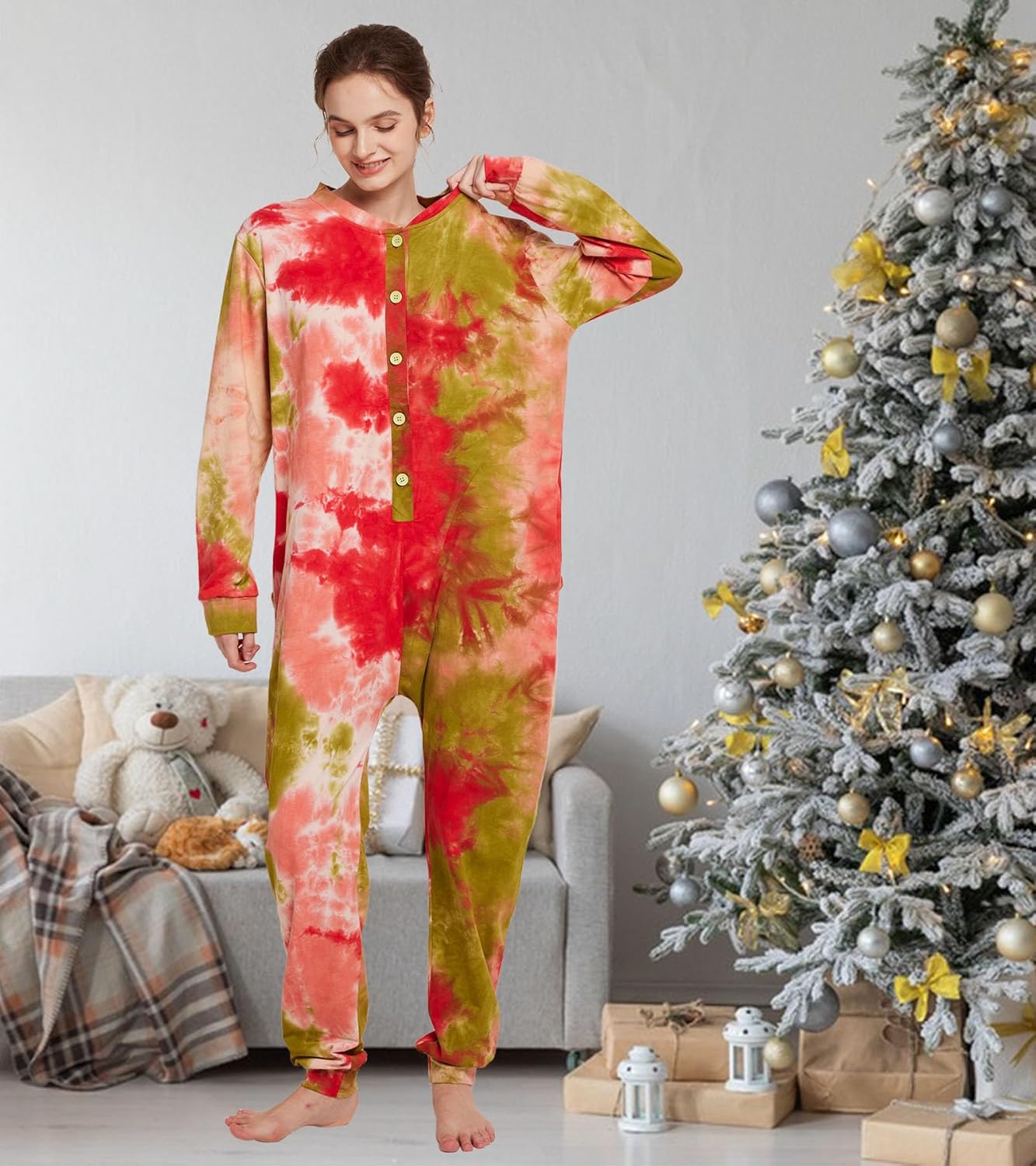 Kgromfy Comfy Onesie Pajamas for Women Tie Dye Sleepwear One Piece with Drop Seat Butt Flap Homewear Jumpsuit - Image 5