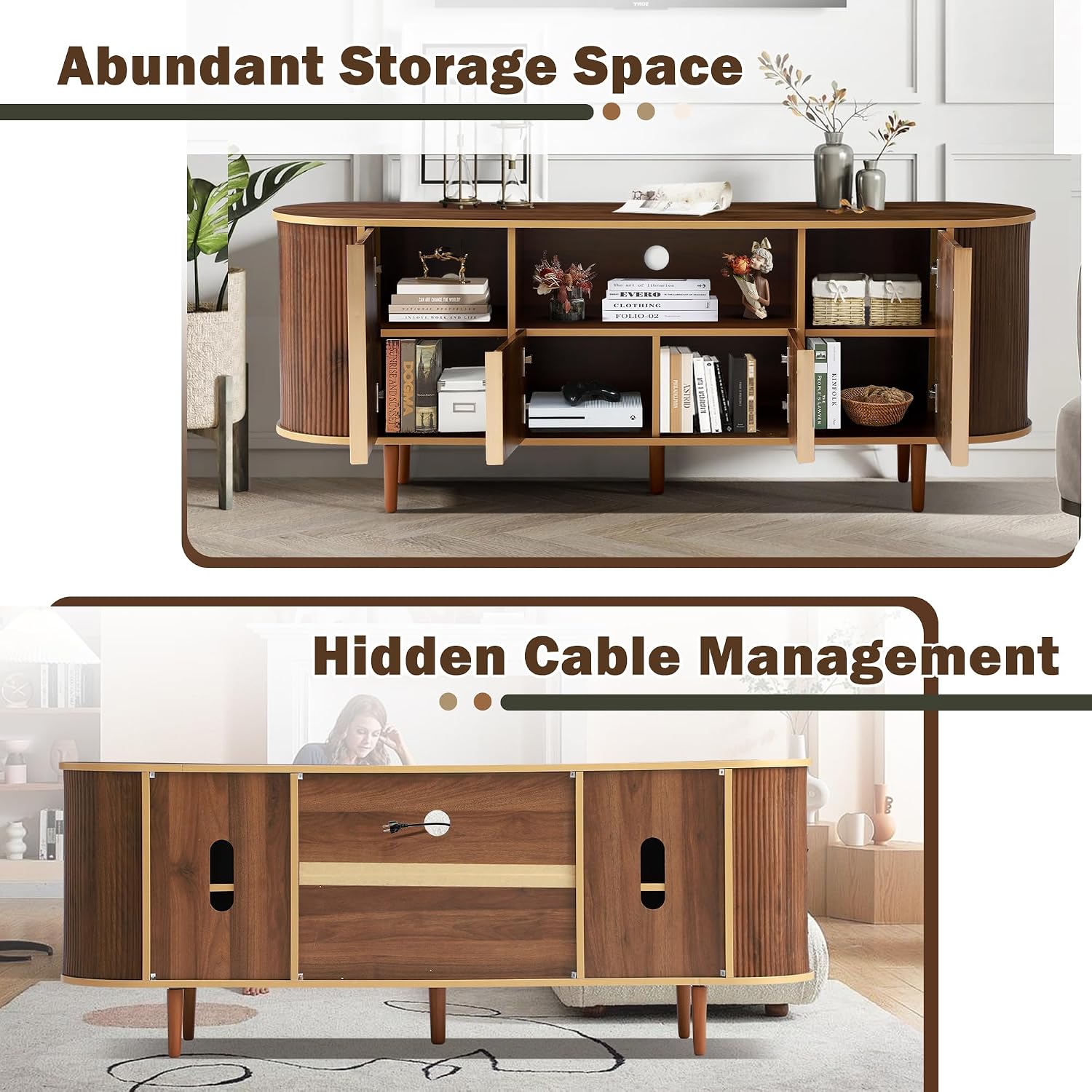 Fluted 63" TV Stand, Wooden Entertainment Center for TVs Up to 80", Modern TV Consoles Cabinet with Wood Grain Finish & Solid Legs, Media Console with Storage for Living Room Bedroom (Brown)