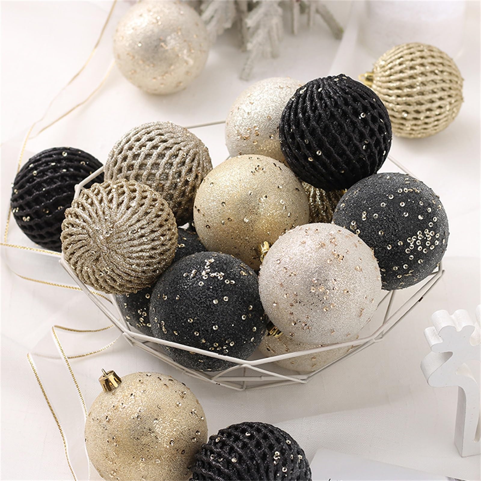 Adornos Navideños de Bolas Decoración navideña Bolas navideñas pintadas con Lentejuelas de 8 cm / 12 Piezas para árbol de Navidad, Fiestas, Bodas(Gold)