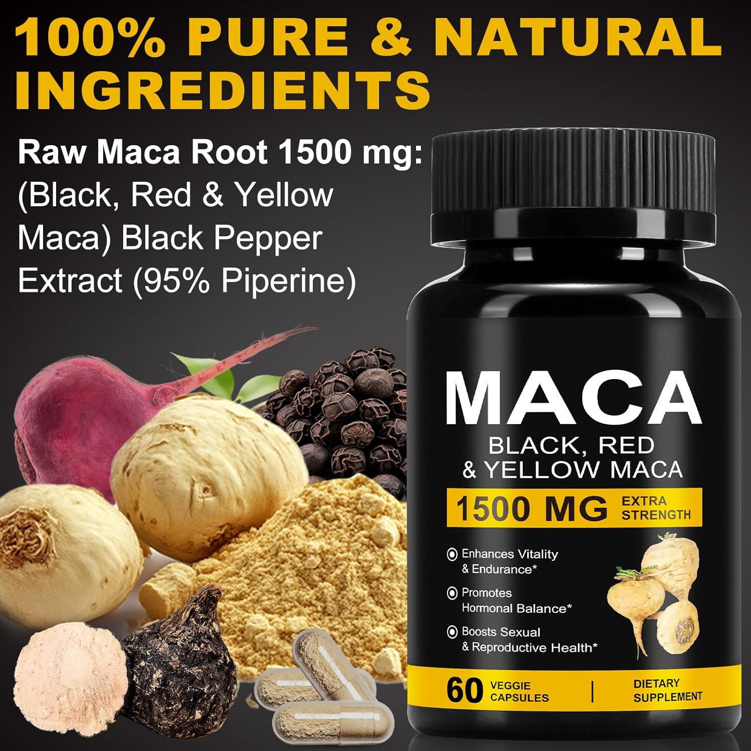 Organic Maca Root Powder Capsules 1500 mg with Black + Red + Yellow Peruvian Maca Root Extract Supplement for Men and Women - 60 Vegan Capsules - Image 8