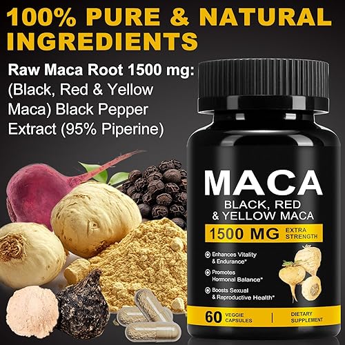 Miniatura 8 de Cápsulas de polvo de raíz de maca orgánica de 1500 mg con suplemento de extracto de raíz de maca peruana negra + roja + amarilla para hombres y