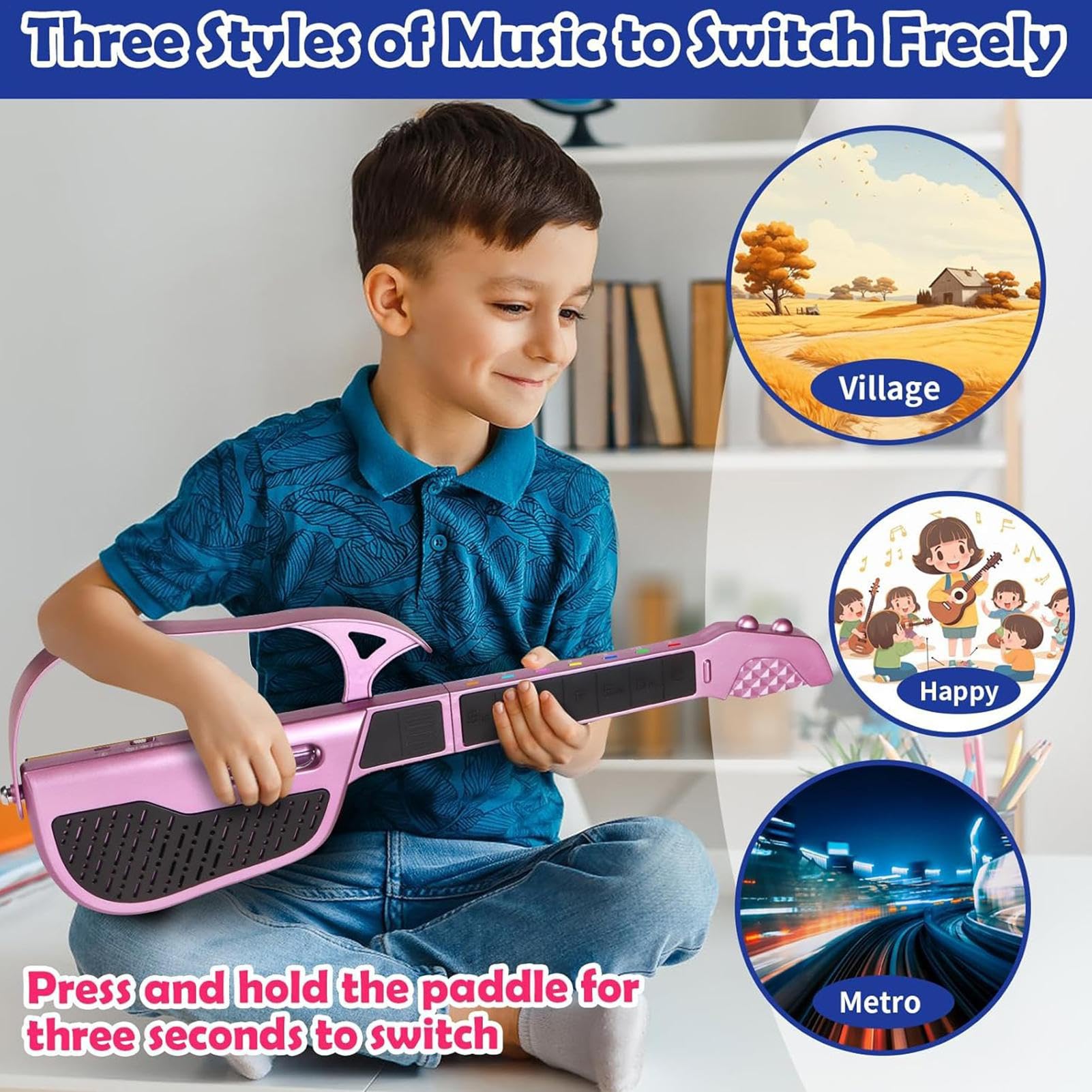 Guitarra Infantil Guitarra Sin Cuerdas para Principiantes | Instrumento Musical Eléctrico Plegable para Educación Musical Niños Viaje Escuela Actividades Aula Hogar