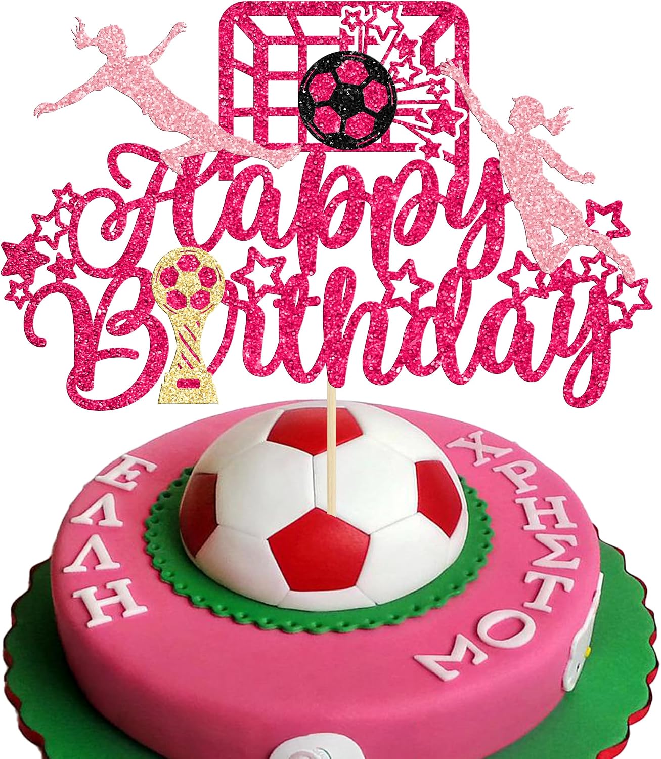 Ephlyn 1Pcs Soccer Happy Birthday Cake Toppers Glitter Women Girl Football Cupcake Picks for Sports Theme Soccer Party Decoration Baby Shower Cake Decoration Pink