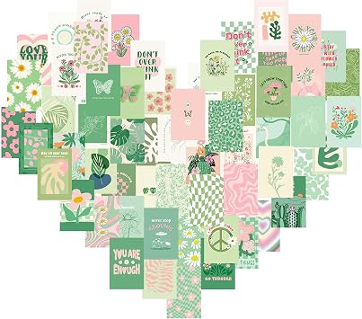 Teling 60 Pcs Wall Collage Kit Danish Pastel Poster Wall Decor Aesthetic Art Preppy Room Decor Aesthetic Pictures for Women Girl Bedroom Teen Dorm ornament, 4 x 6 InchGreen