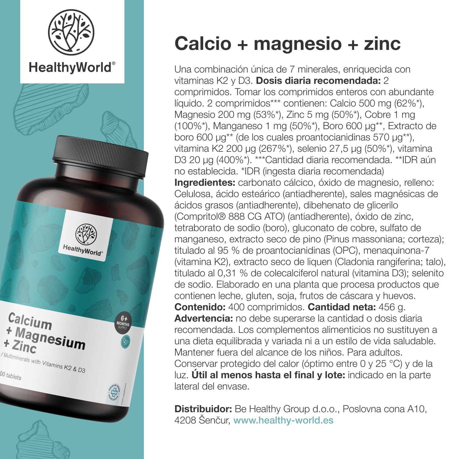 HealthyWorld Calcio + magnesio + zinc – Complejo de 2 vitaminas y 7 minerales – 400 comprimidos – Vitaminas D3 y K2 – Favorece la vitalidad y la resistencia – Suministro para más de 6 meses