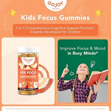 GOJOY NATURALS Kids Focus Gummies Saffron, Magnesium Glycinate, L-Theanine & Inositol Supplement for Kids & Teens Focus, Attention & Calm Vegan, Sugar-Free
