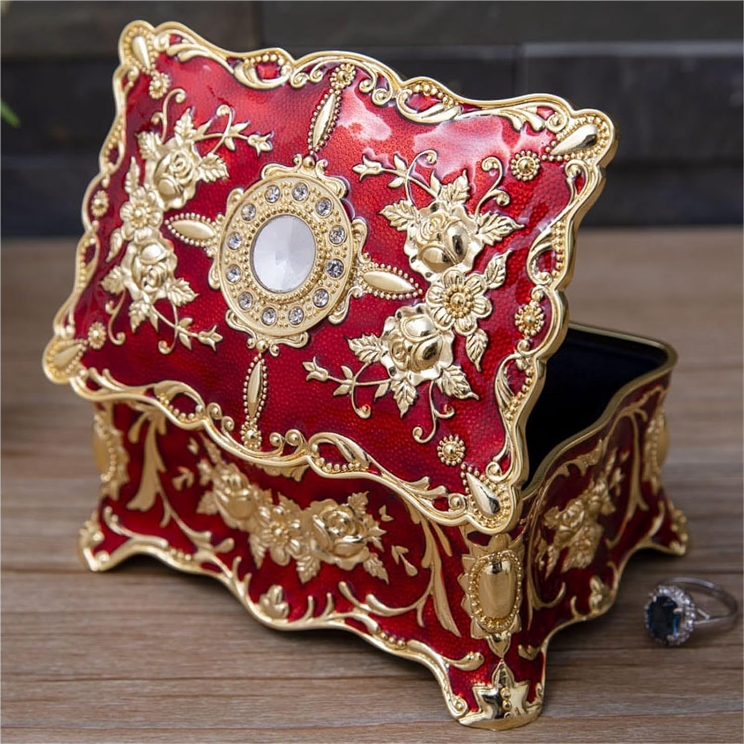 Vintage Jewelry Box Floral Metal Storage Luxury Jewelry Box Gift Storage Table Organizer for Women Birthday Gift for Bracelets, Earrings, Rings, Necklaces(Red) image 2