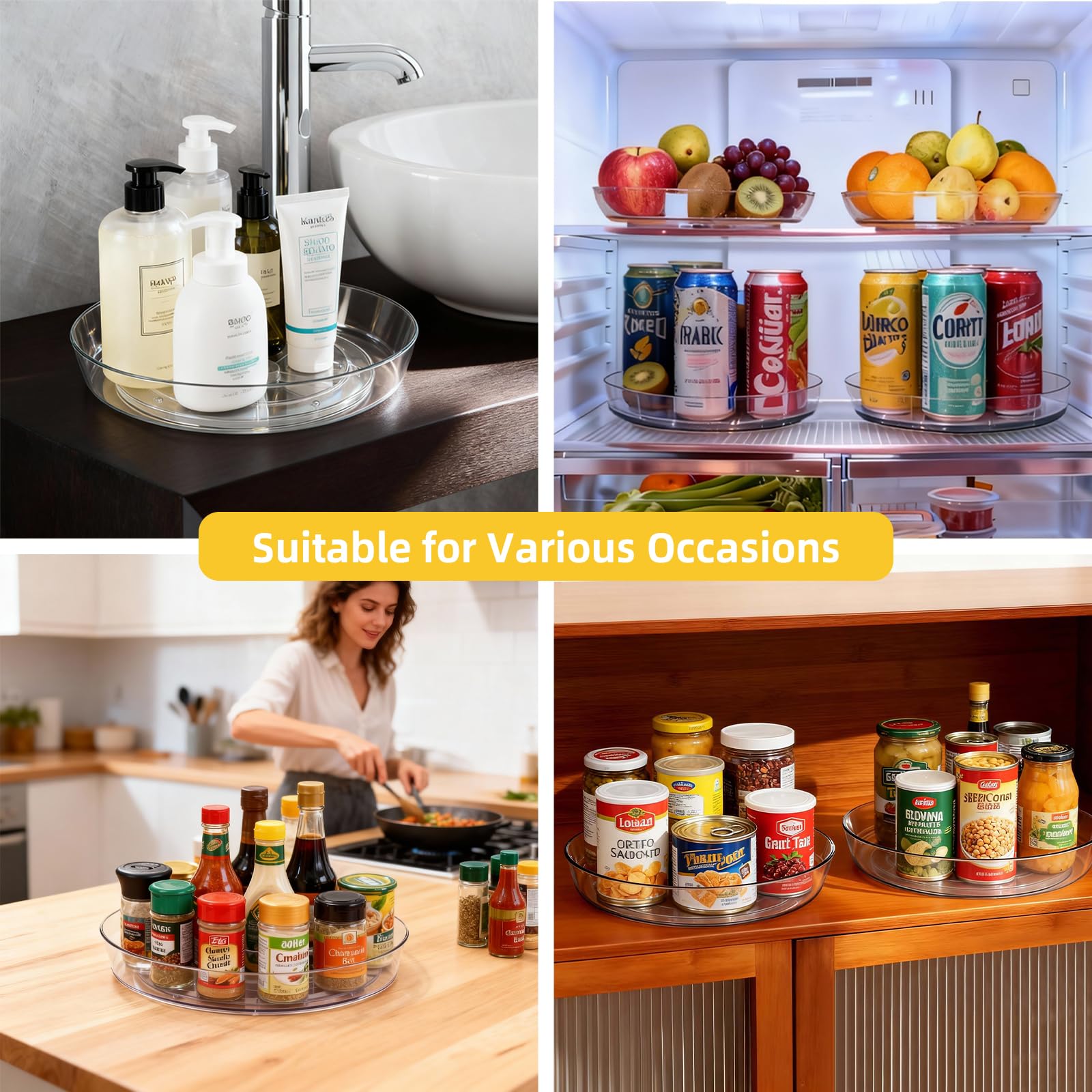 Lazy Susan Drehteller für Gewürzorganisation, transparenter BPA-freier Kunststoff, drehbarer Organizer für Küchenschrank, Speisekammer, Arbeitsplatte, Kühlschrank, 360 Grad drehbare Basis