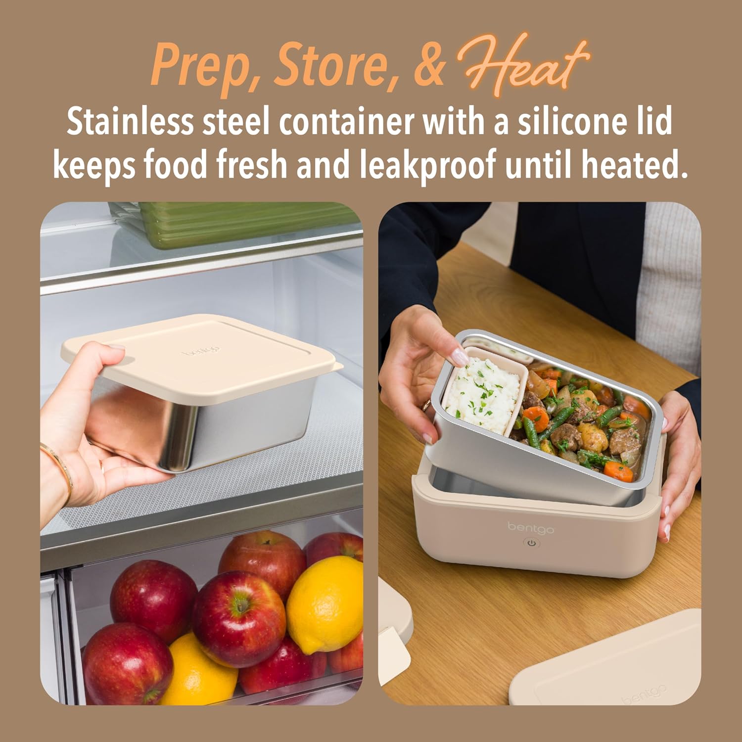 Bentgo Heat Electric Lunch Box & Portable Food Warmer for Work & Travel | Heated Lunch Box, 4.1-Cup Stainless Steel Container, Leakproof Lid, Wall & Car Power Cords (Latte)