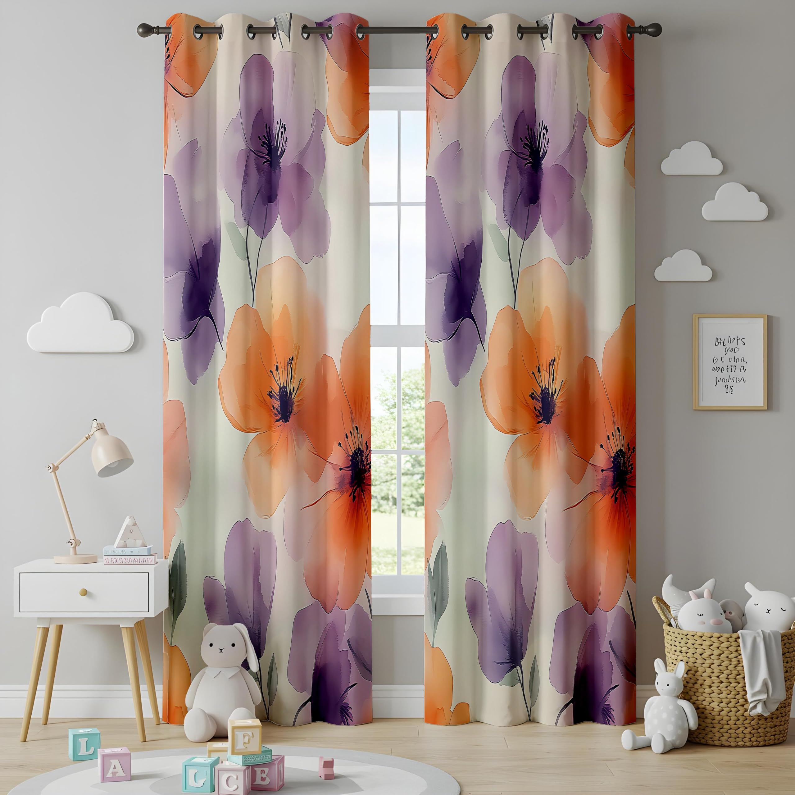 Rideaux occultants à Motifs Floraux Orange et Violet, Panneaux de fenêtre à Fleurs Aquarelle pour Salon, Rideaux artistiques pour Chambre (L x H / 2 x 150 x 300 cm)