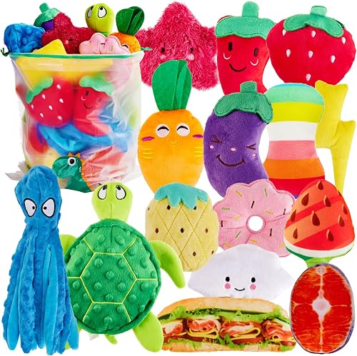 Squeaky Dog Toys, Small Puppy Toys, Cute Interactive Pets Toys Bulk for Small Medium Dogs Soft Plush Squeakers Pet Teething Chewers Fruit Vegetables Animals Set 15 Packs