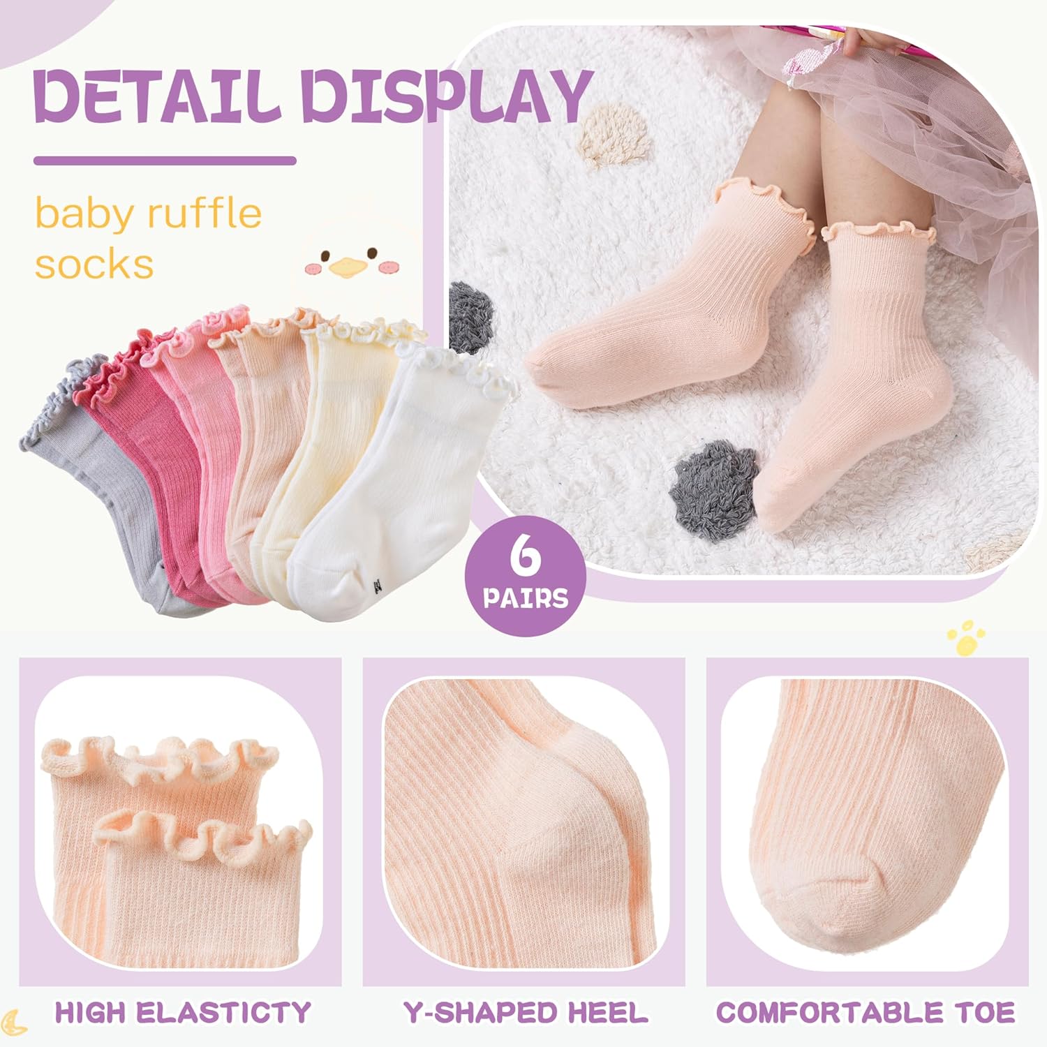Velice Baby Girls Ruffle Socks Infant Toddler Girls Frilly Dress Cute Crew Socks 6 Pairs - Image 4
