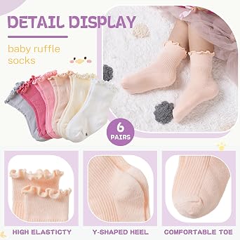 Velice Baby Girls Ruffle Socks Infant Toddler Girls Frilly Dress Cute Crew Socks 6 Pairs