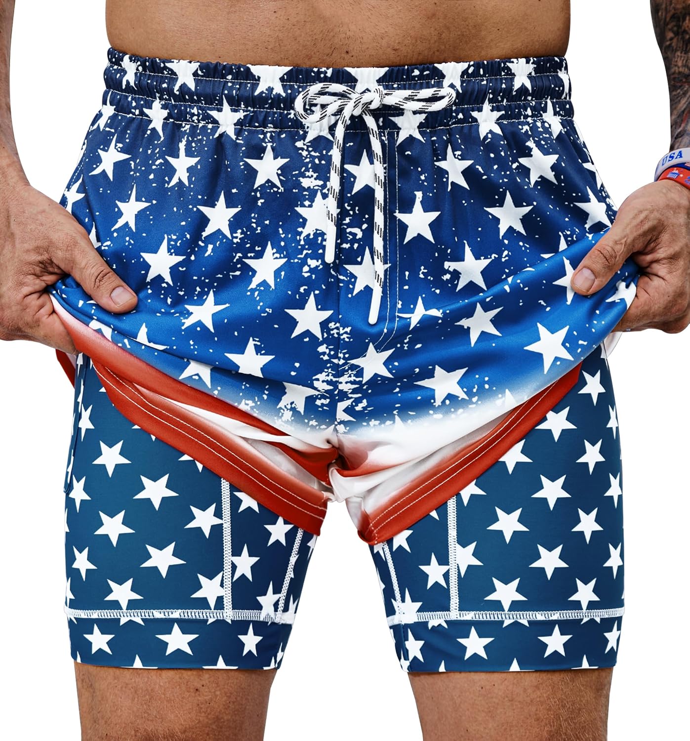 Mainfini Men's American Flag Swim Trunks 6" Inseam Board Short with Compression Liner (S-XXL)
