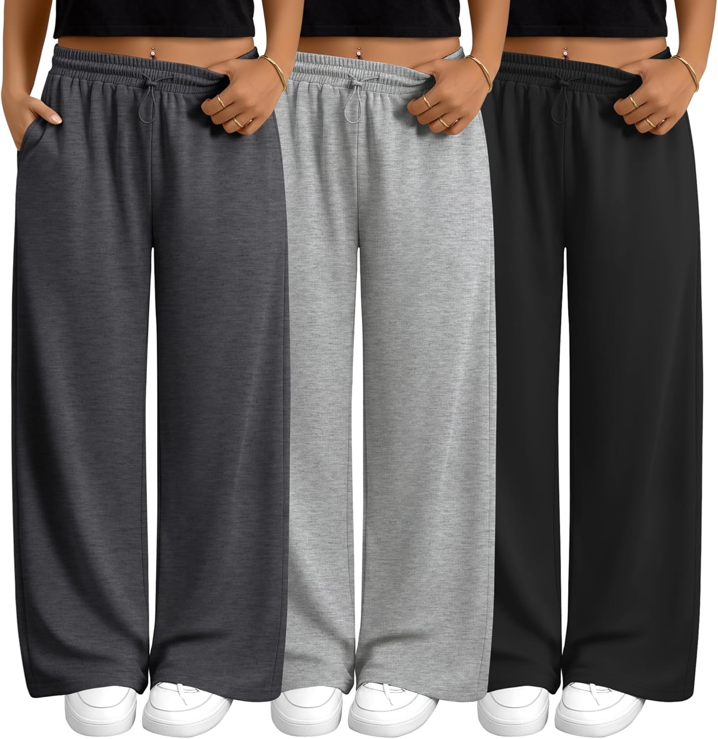 3 Pack Womens Plus Size Sweatpants Wide Leg Elastic High Waist Baggy Joggers Lounge...