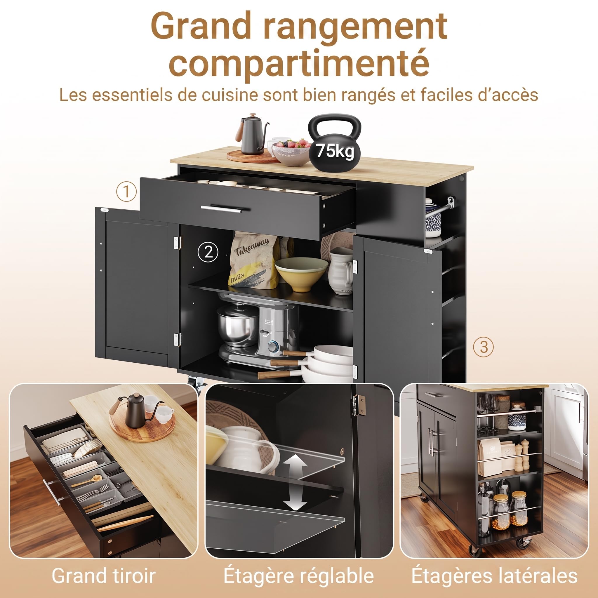 SoBuy Desserte Cuisine avec roulettes freinées et 3 étagères 99x40x84,3 cm | Meuble rangement cuisine, grand plan en bois, charge 75 kg, tiroir et placard 2 portes, MDF/PB, pour la cuisine, FKW133-SCH