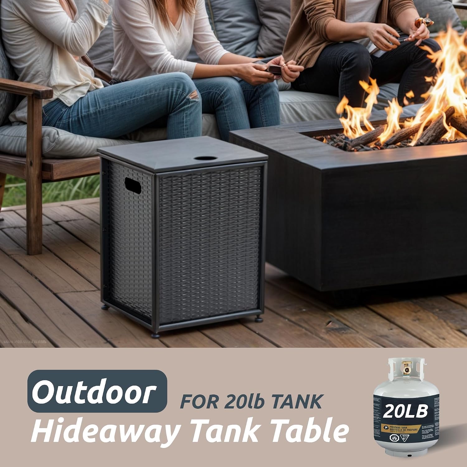 16 inch Propane Metal Tank Cover Table,Hides Any Standard 20lb Propane Tanks, Hideaway Table with Side Handles,Hideaway Table for Gas Fire Pit and Gas Griddle (BLACK RATTAN)