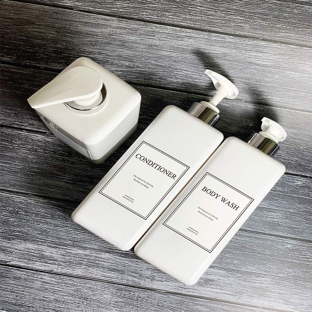 CNC 27.05 oz Pump Bottle of The Bathroom, 4 Waterproof Label Sticker, Pack of 3 Shower Plastic Bottles, Soap Dispenser (Silver-White) : Everything Else