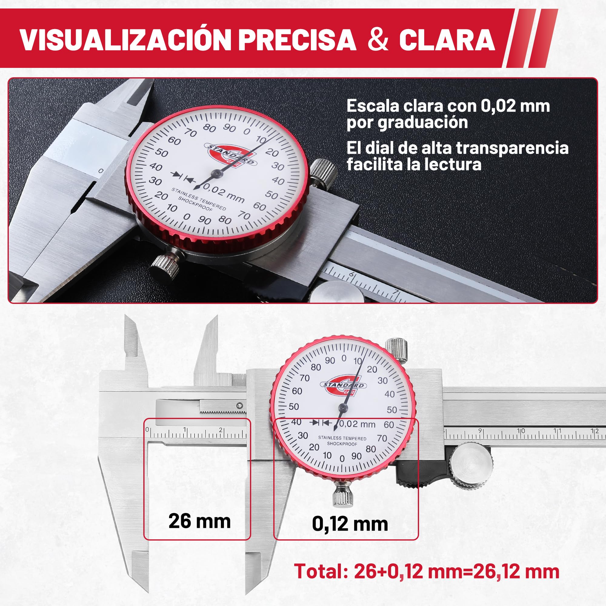 Calibres con Dial, Calibrador con Reloj 150mm, Calibrador Métrico con Reloj, Lectura 0,02 mm, Medidor de Precisión de 4 Formas de Medición, Herramienta de Medición, DIY