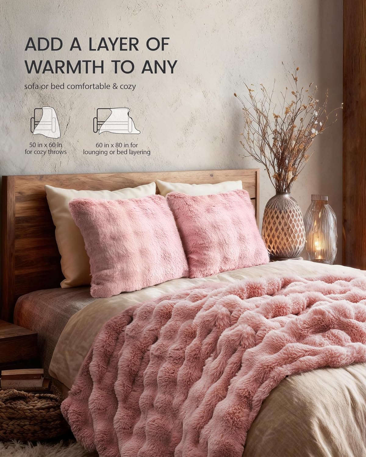 Faux Fur Throw Blanket, Bunny Blanket with Bubble Texture, Reversible Fluffy Blankets for Couch and Bed, Soft Cozy Faux Rabbit Fur Blanket for Home Décor, Cozy & Machine Washable