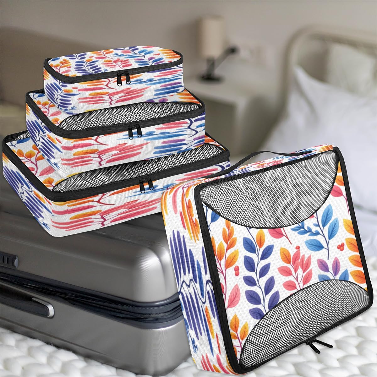 Color Leaves Print 4 Set Packing Cubes Packing Cubes for Women Lightweight Travel Essential Bag Clothes Carry on Suitcase Bags for Accessories Essentials