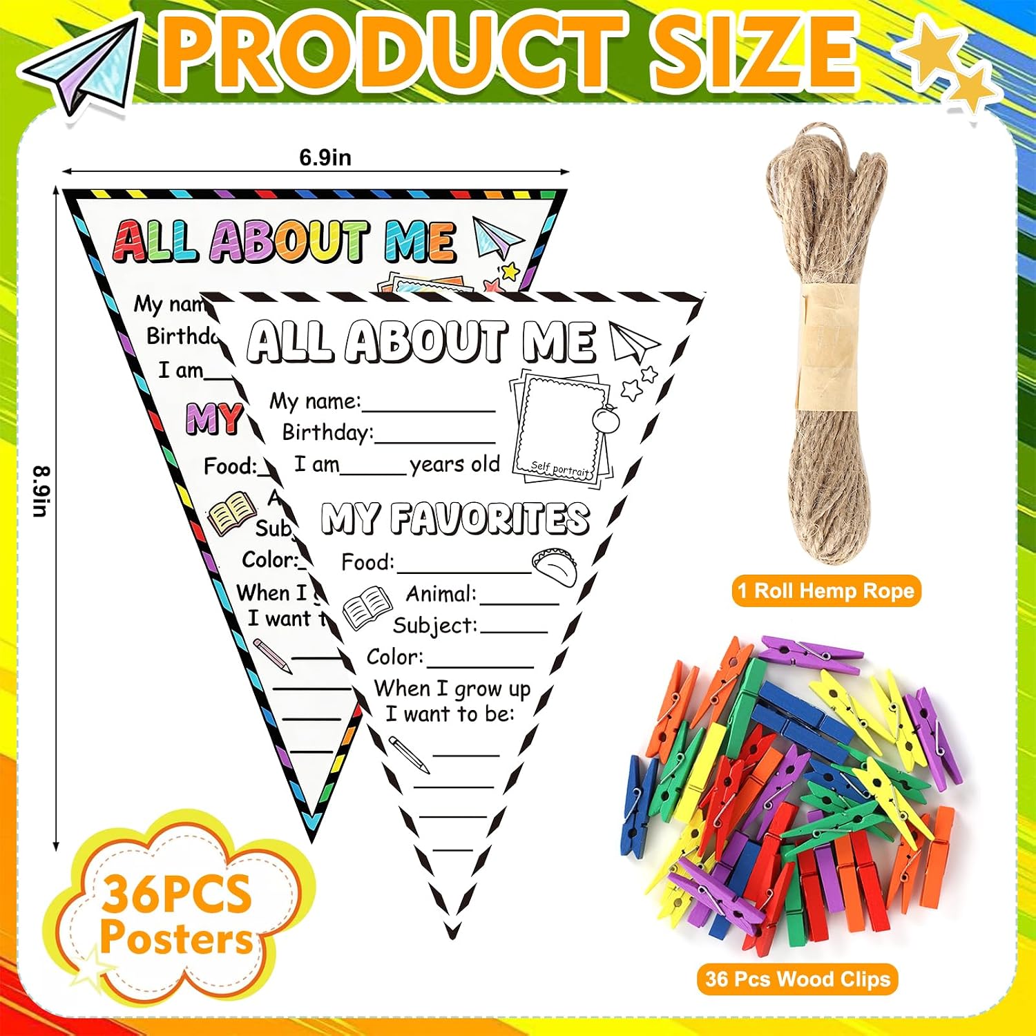 36 Pcs All About Me Posters Star Student Poster Classroom Posters Elementary Banner First Day of School Pennants Back to School Decorations Bulletin Board Display for Preschool Kindergarten Supplies