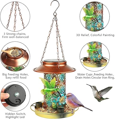 Miniatura 3 de Comedero solar para pájaros para colgar al aire libre, comedero de colibríes, metal solar impermeable para exteriores, comederos cardenales, luz