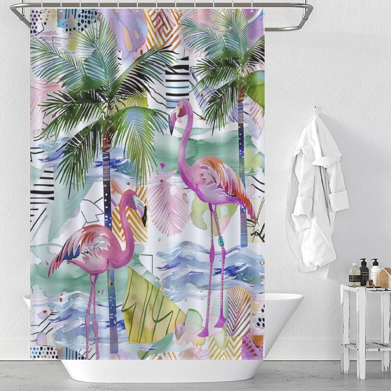 Tropical Ocean Shower Curtain, Watercolor Flamingo Palm Tree Fantasy Shower Curtain Set with 12 Hooks for Bathroom Decor Accessories Bathtub Curtain, 36"x72"