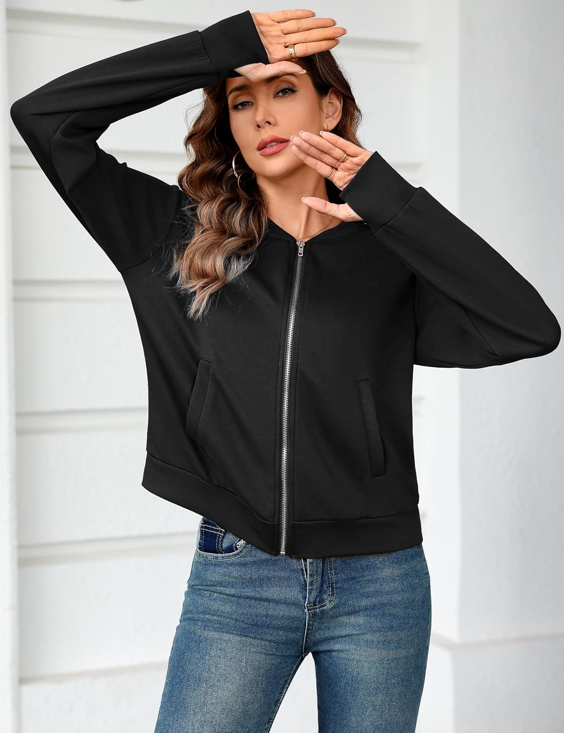 Totatuit Womens Long Sleeve Zip Up Cardigan Jacket Outfits Crewneck Casual Bomber Coat Lightweight Sweatshirts - Image 6