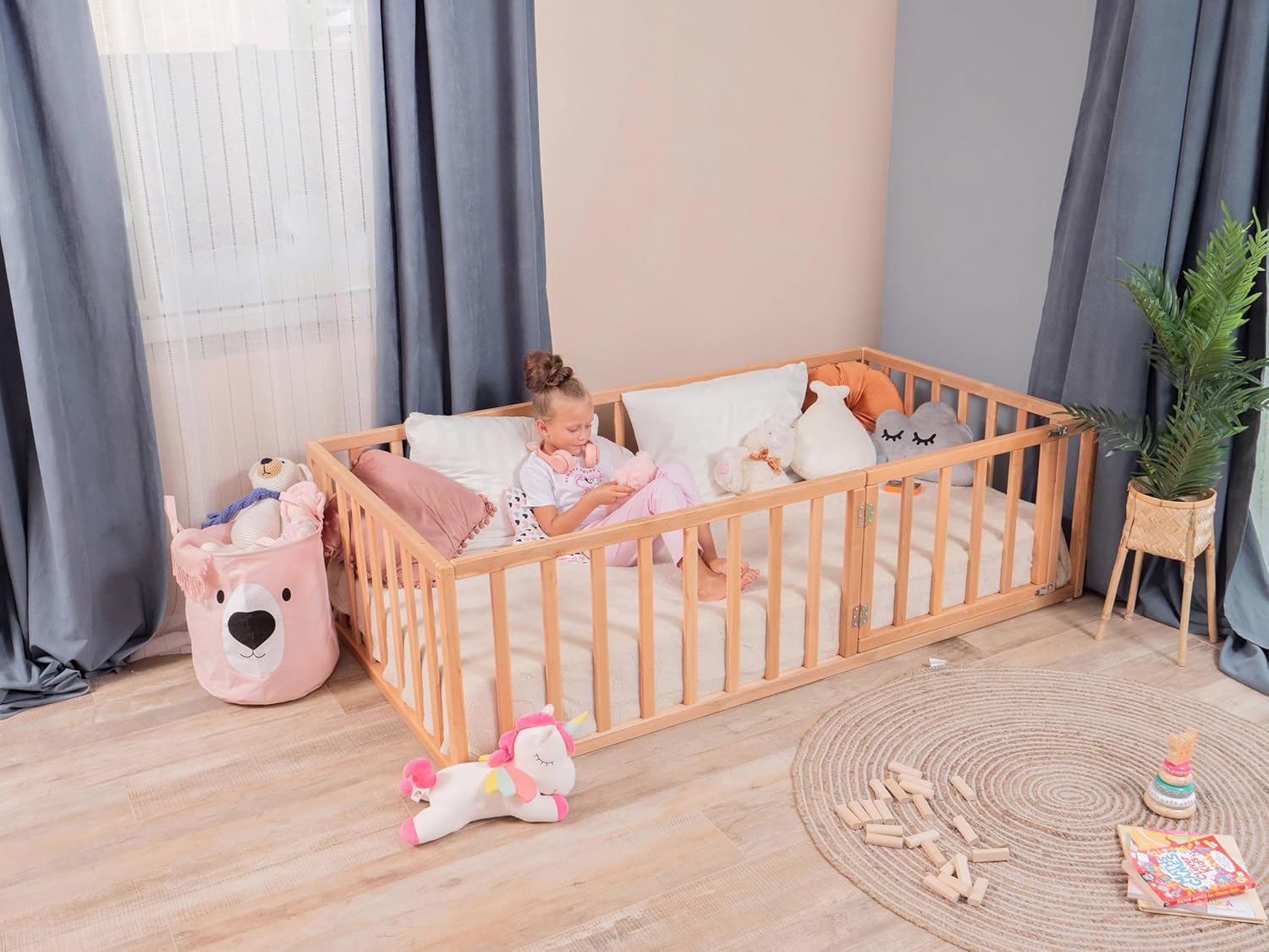 Toddler Bed Frame with 21.7" High Railings, Made in Europe from Alder Wood, 7 Colors Customizable Montessori Floor Bed, Kids Twin Bed Frame Painted With Water Based Paint, 5 sizes Kids Beds (Model 19)