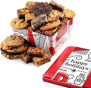 David’s Cookies Happy Holidays Cookies & Brownies Tin – Freshly Baked Gourmet Holiday Treats – Festive Bakery Dessert Gift Box– Assorted Christmas Cookies and Brownies For Gifting, Celebrations