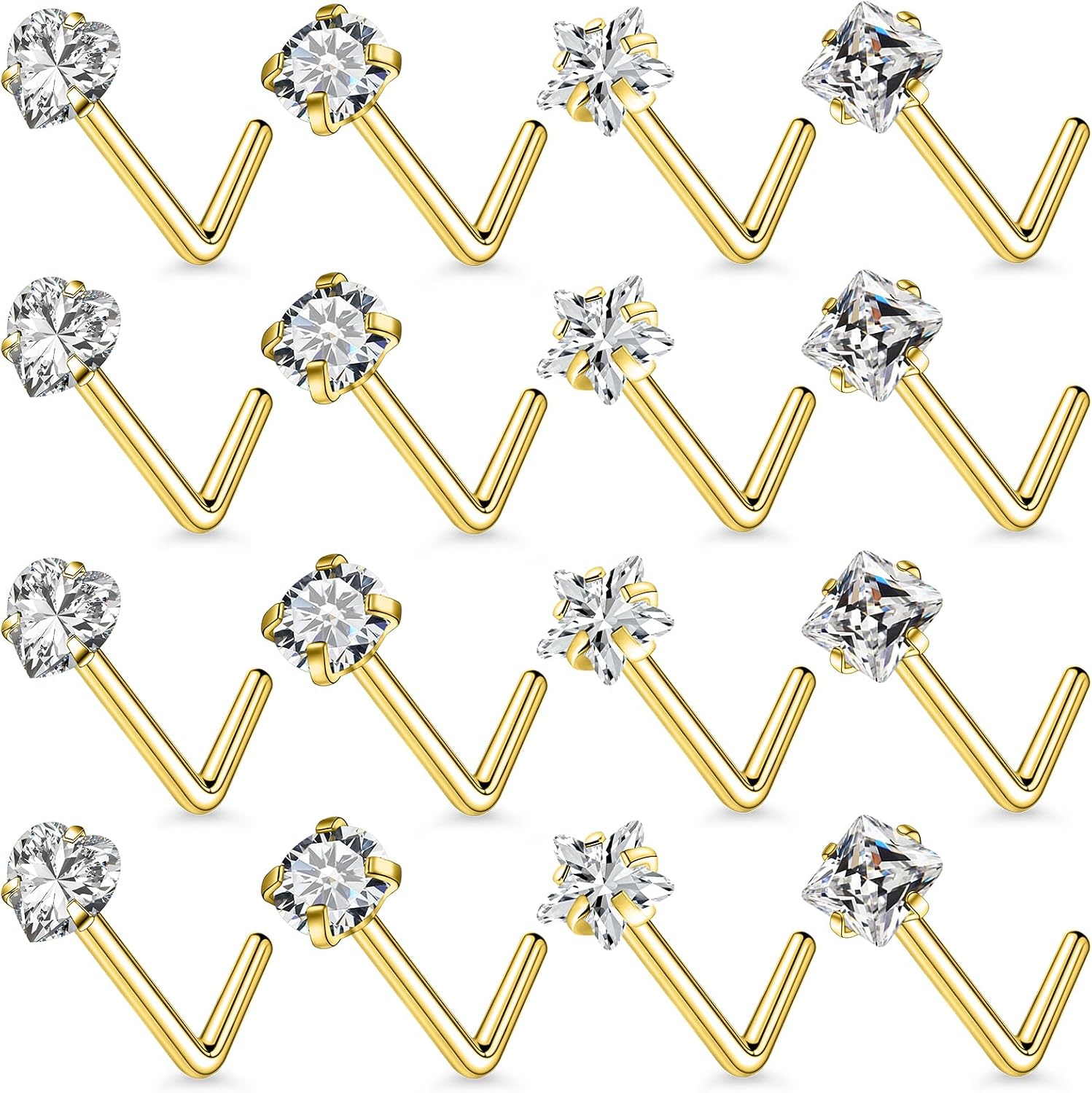 18G 20G Nose Rings Studs for Women Stainless Surgical Steel Corkscrew Straight L Shaped Nose Rings Studs Round Heart Squaer Star Clear CZ Nostril Piercing Jewelry for Women Men Silver Gold