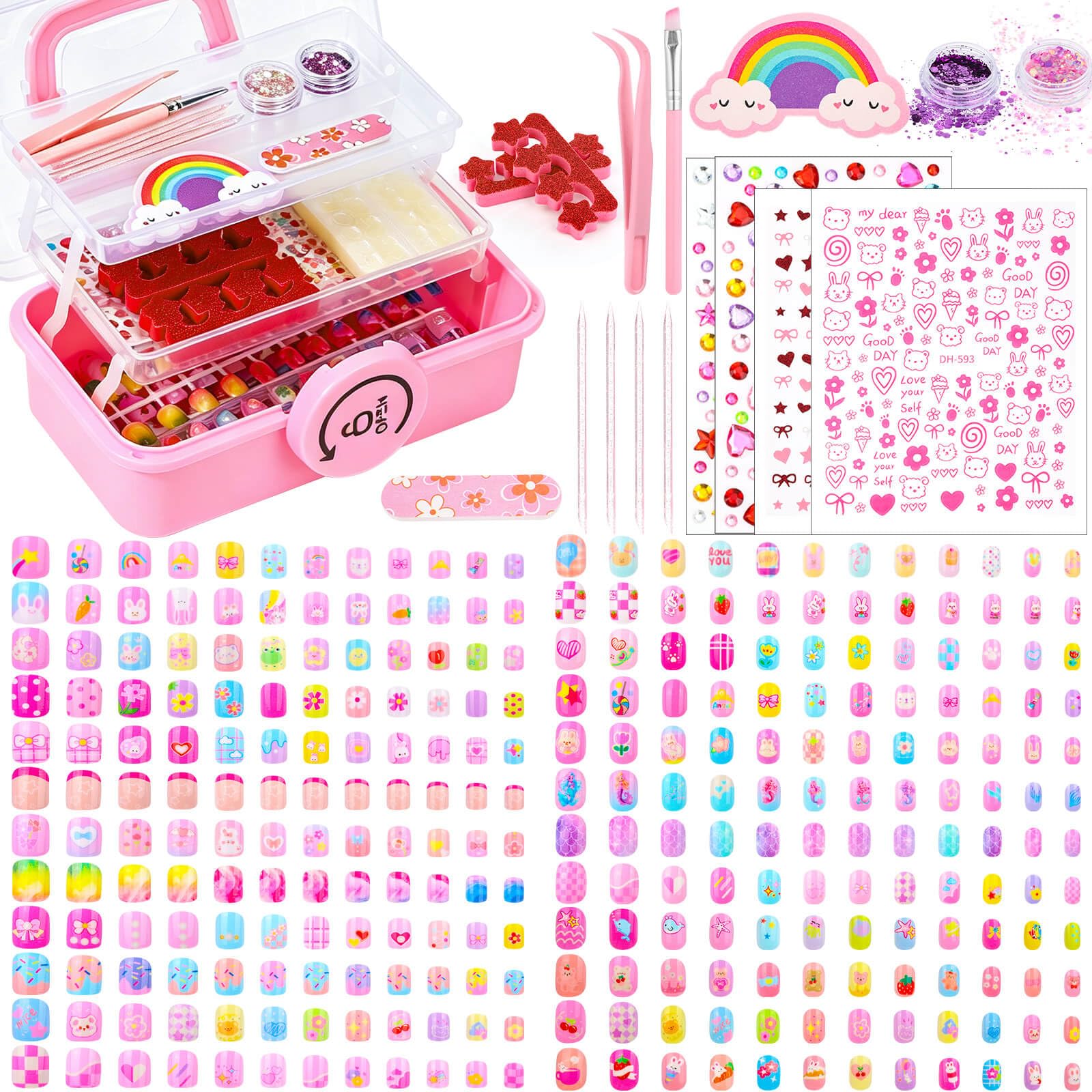 Kids Press-On Nail Art Kit with Glue, Remover and Storage Case