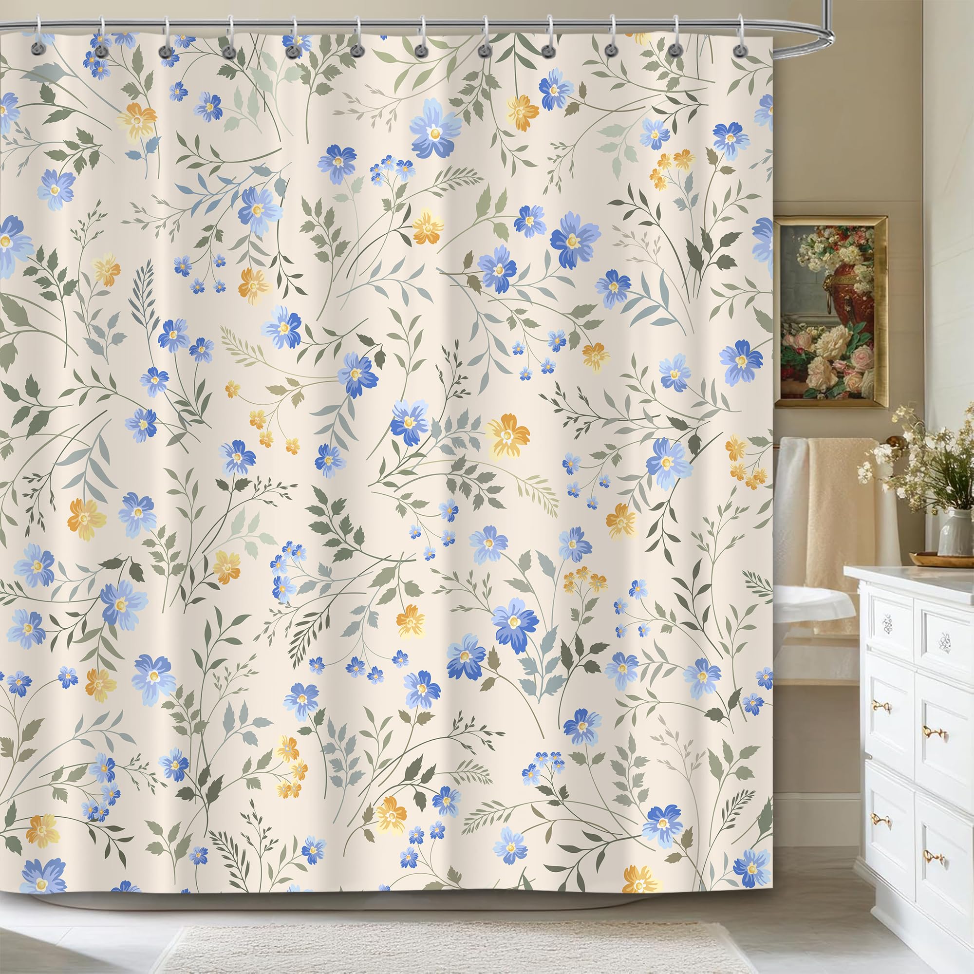 iTapnoom Cottagecore Floral Shower Curtain, Vintage Wildflower Botanical Bathroom Decor, Blue and Yellow Flower Fabric Curtain with Hooks, Waterproof,