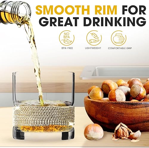 Miniatura 5 de Vasos de whisky Lowball  Vasos de cristal a la antigua moda con diseño de diamantes de imitación brillantes para vino y cóctel, 10 onzas cada uno