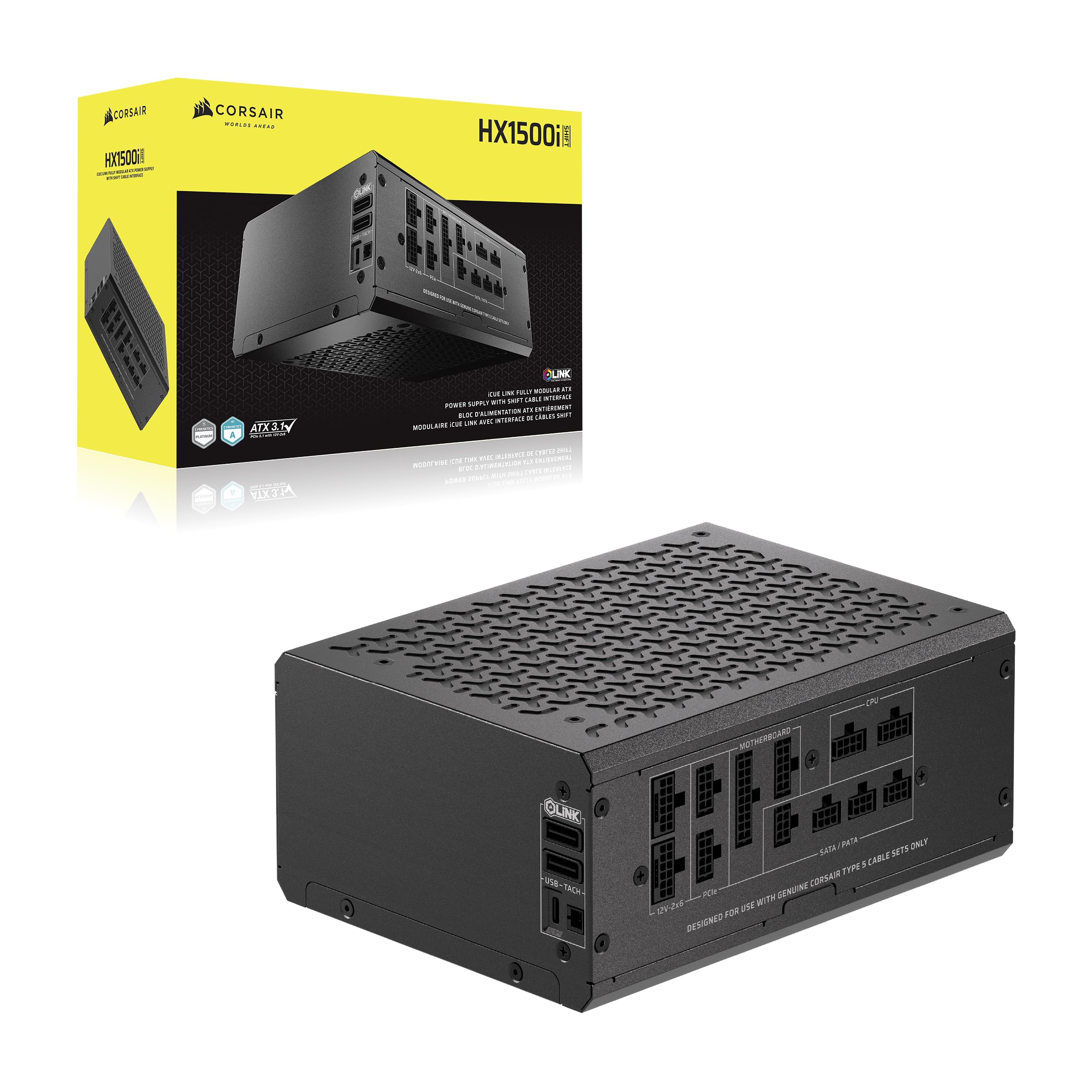 CORSAIR HX1500i SHIFT Alimentatore ATX completamente modulare – Nero | Hub di sistema iCUE LINK integrato, doppi cavi nativi 12V 2x6, ATX 3.1 e PCIe 5.1, Cybenetics Platinum