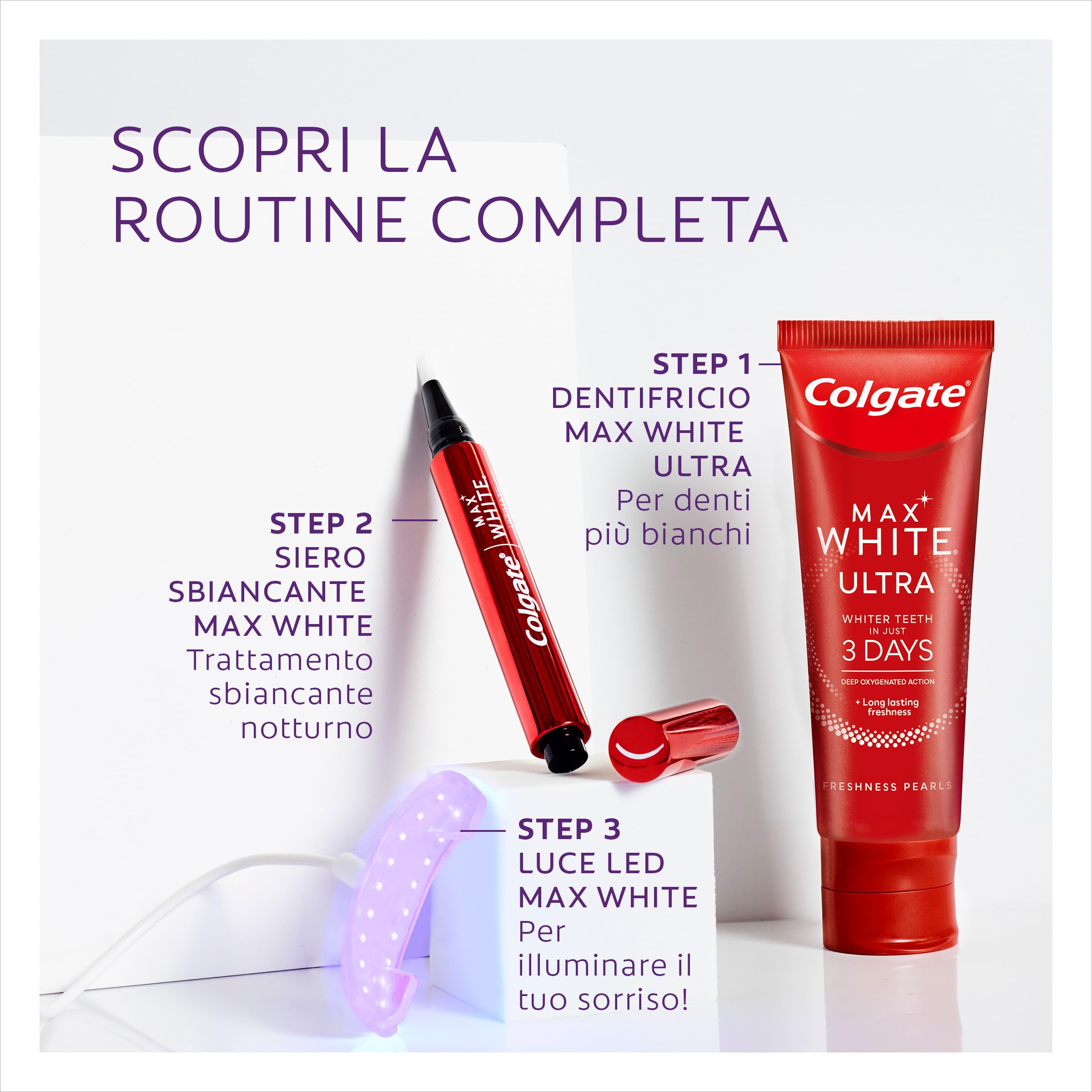 Colgate Max White Ultimate, Kit Sbiancante Denti con Penna Sbiancante Denti + Luce Led sbiancante, Denti Bianchi, Illumina il sorriso in 10 Minuti, Sbiancamento Denti, Sicuro per lo Smalto