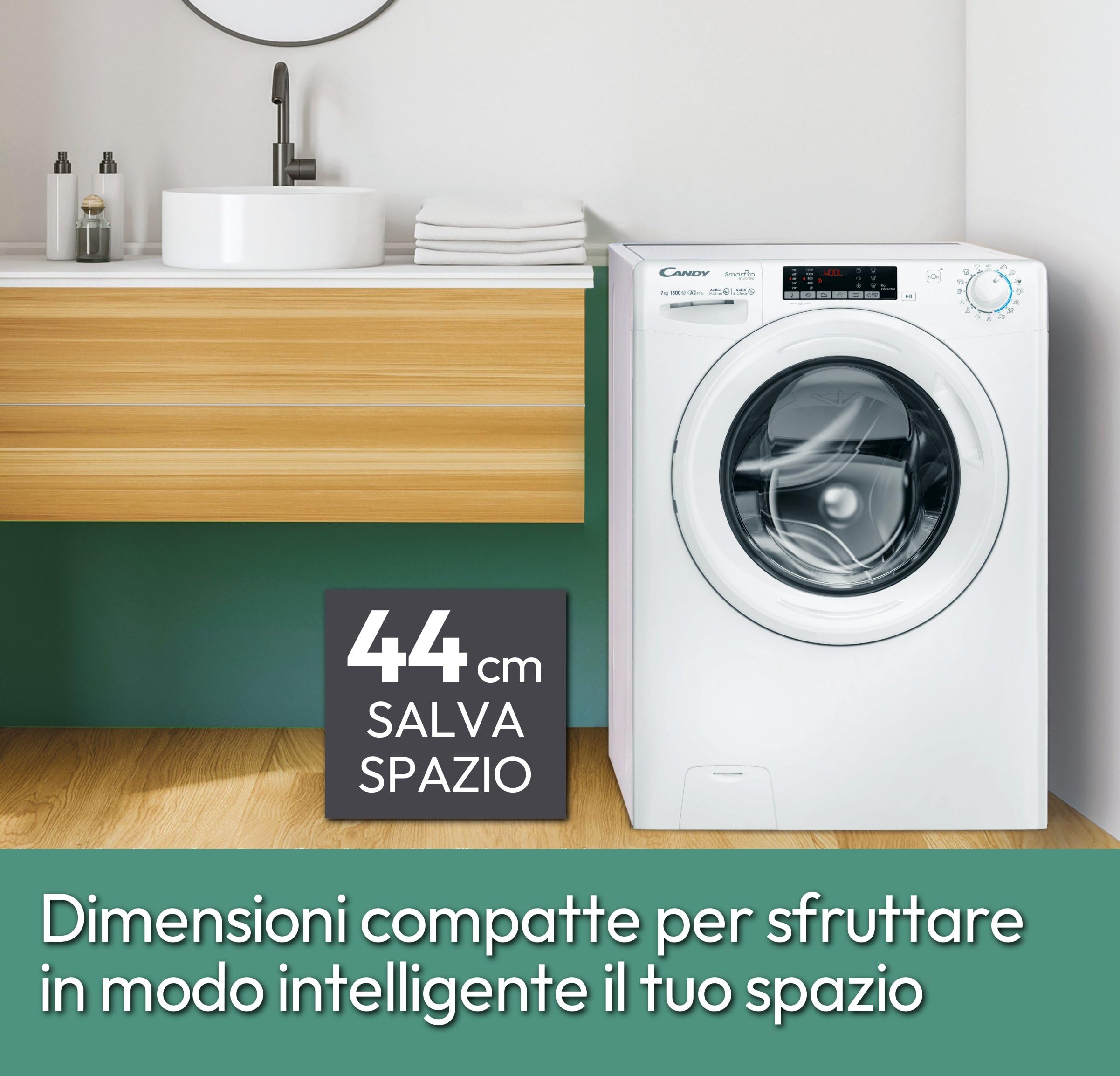Candy Smart Pro Inverter Lavatrice SLIM 7 Kg, 1300 Giri, Motore Inverter Speed Drive, Wi-Fi + BLE, Programmi Rapidi, Classe A-10%, 85 x 60 x 45 cm (AxLxP), CO4 374TWM6/1-S