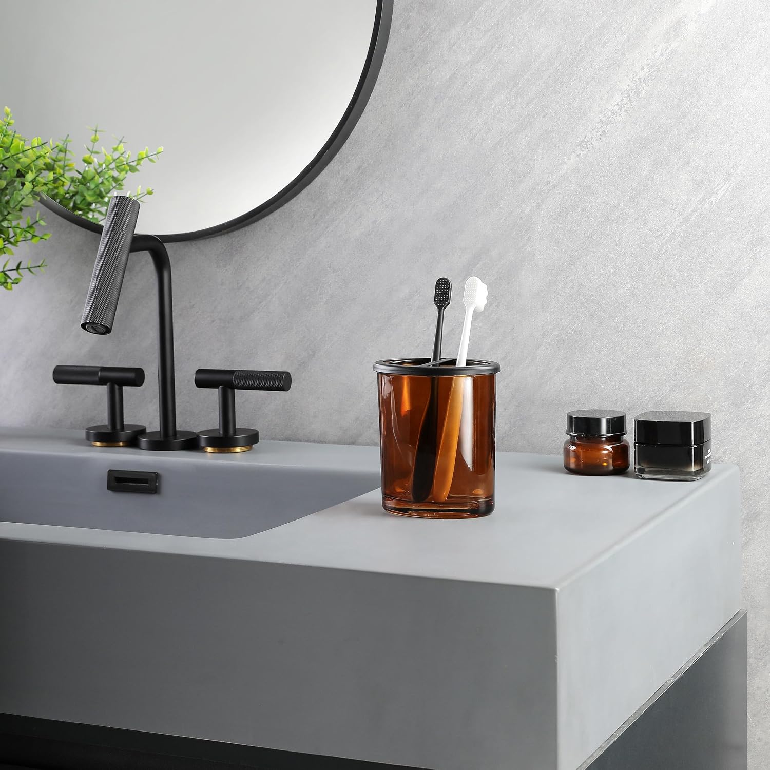 H Halston Amber Wide Glass Toothebrush Holder Large Enough for Electric toothbrushes, Heavy Weight Thick Organizer,Bathroom, Vanity Countertop, Makeup Brush, Matte Black Metal Top