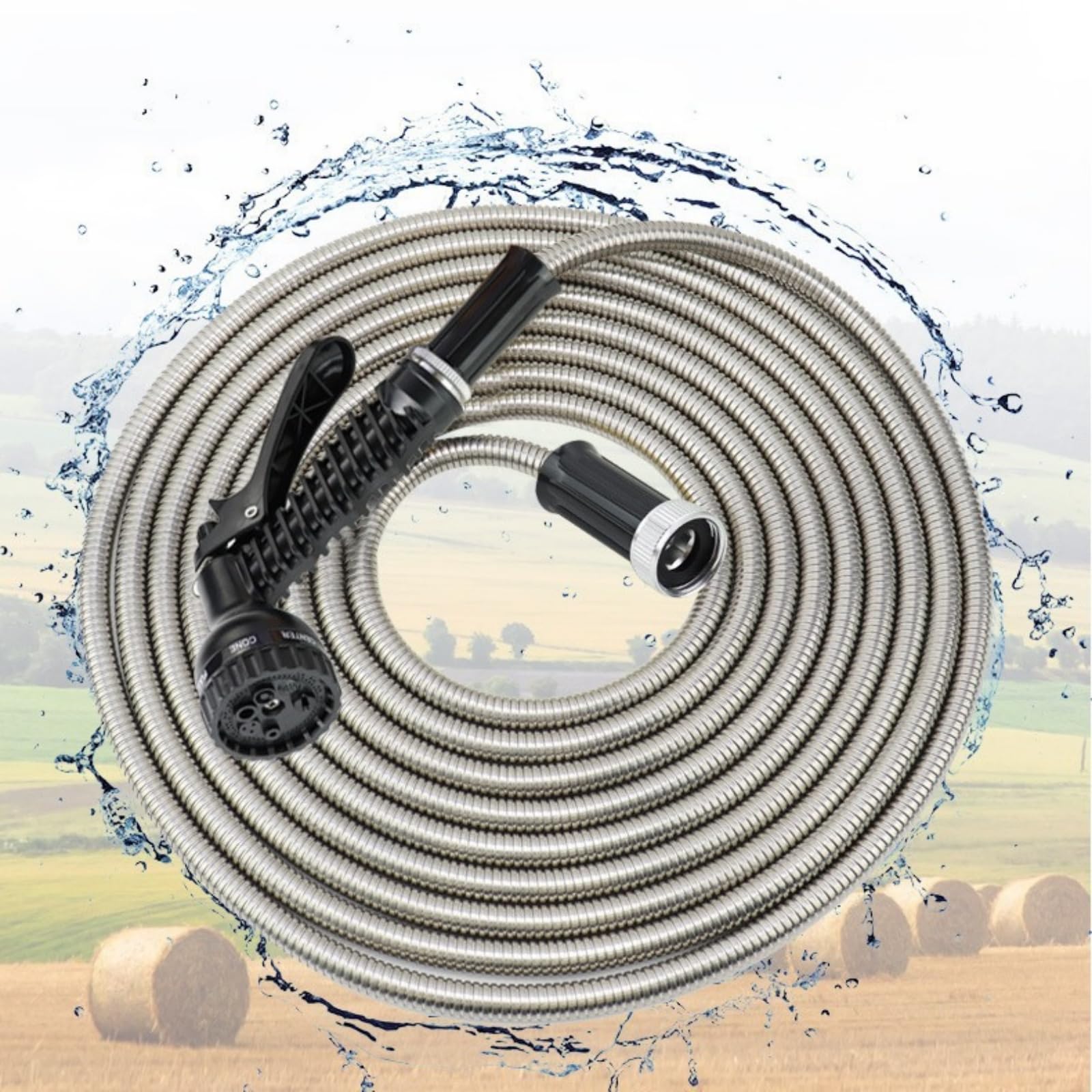 Manguera Extensible 7 Funciones, Manguera Jardin Flexible Ligera de Acero Inoxidable 14MM para Riego de Jardín, Regar, Limpiar, Lavar Coche, Regar, Bañar Mascotas (50FT)