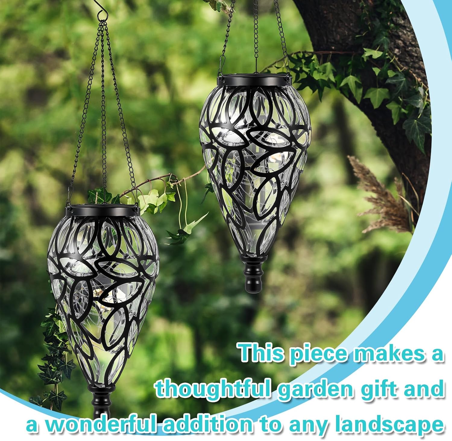 Tujoe 2 Set Solar Hanging Lantern Lights Outdoor Chandelier Moroccan Hanging Solar Light Tear-Shaped 15 LEDs Cool White with S Hooks for Summer Garden Yard Pathway Landscape Porch Decor(Multi-Color)