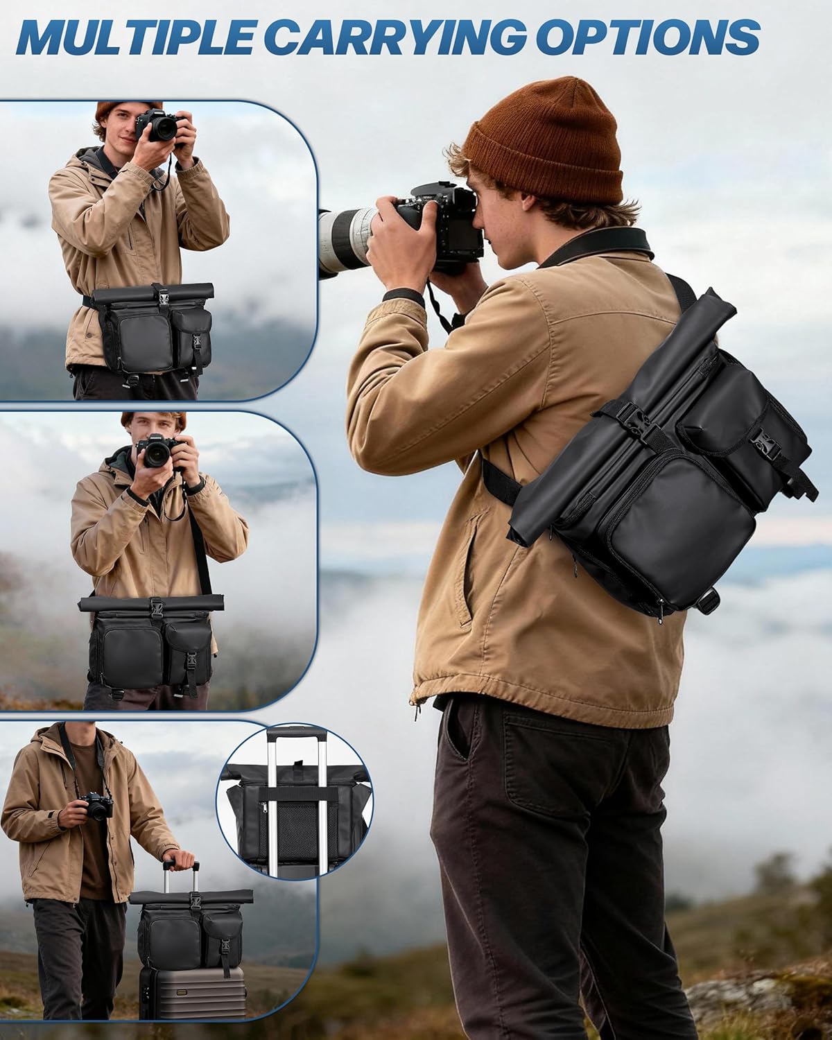 Smasrob Camera Bag with Tripod Holder, Rain Cover and Hidden Water Bottle Holder, Camera Sling Bag with Extra Storage Section, Black