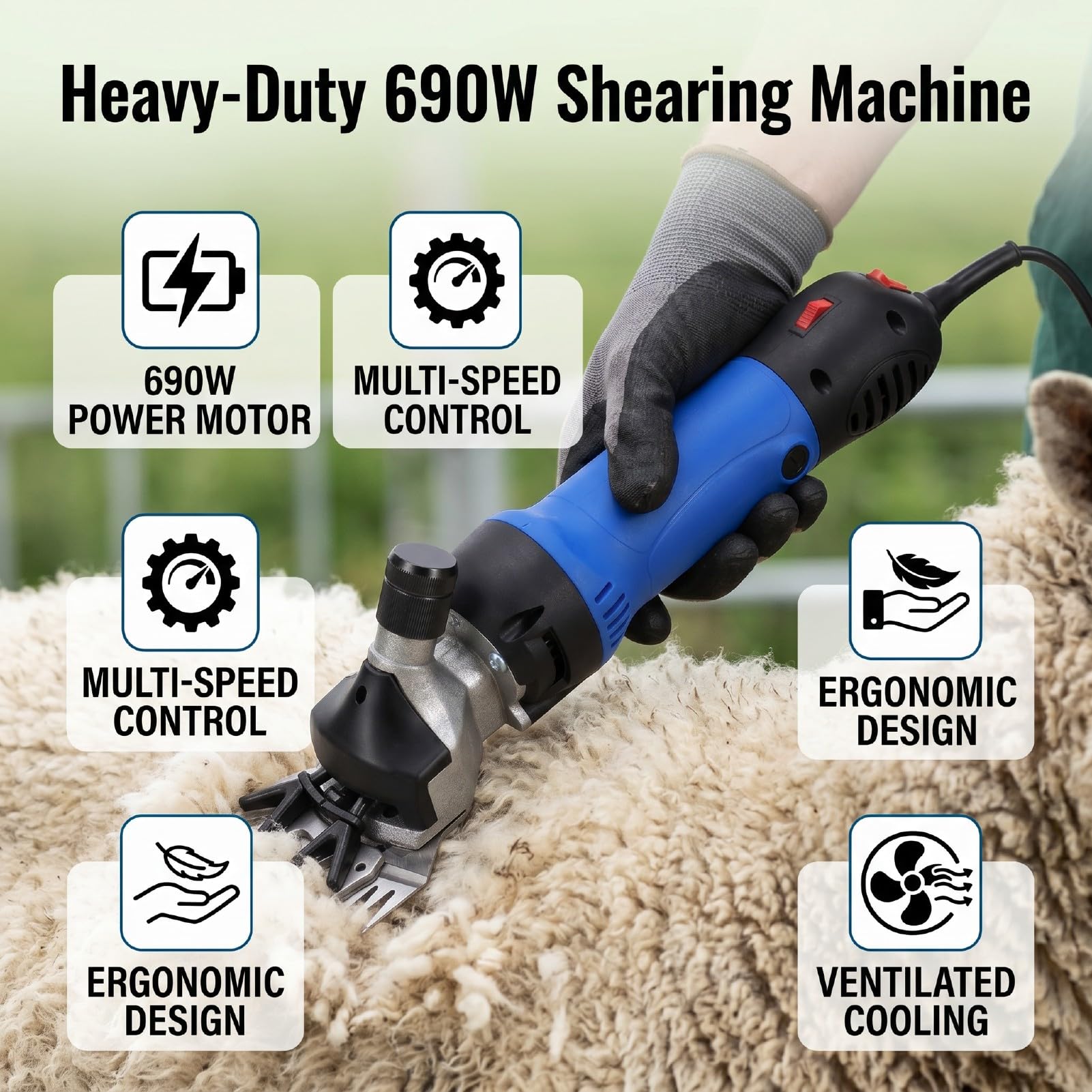 Bewinner Tosatrice per Pecore Resistente da 690 W, Tosatrice Elettrica per Animali per Pelo Spesso, Kit per Toelettatura del Bestiame da Fattoria, Cesoie a Bassa Vibrazione Regolabili a più velocità
