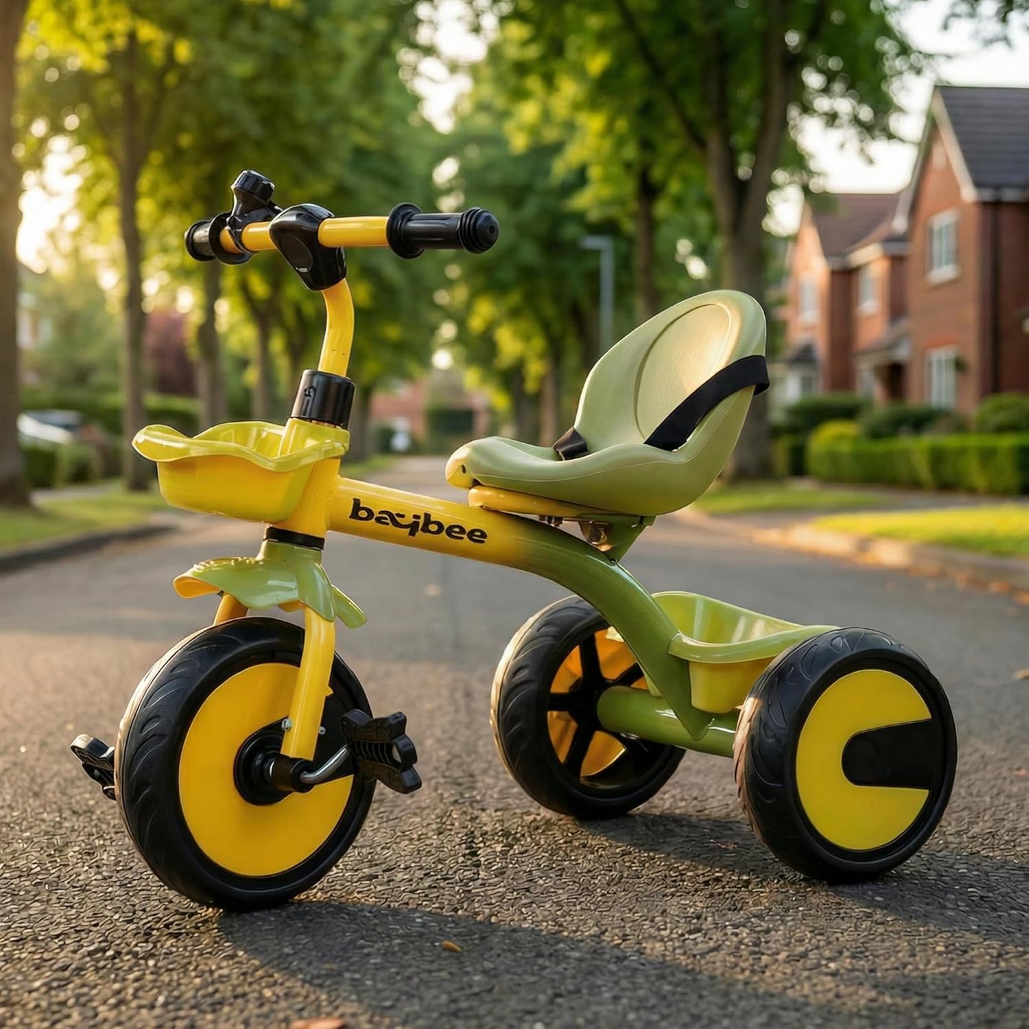 Baybee Nova Baby Tricycle for Kids | Plug & Play Kids Cycle with Safety Belt & Dual Storage Basket | Balanced Trikes with Eva Wheels & Bell | Baby Cycle 2 to 5 Years Boys Girls (Green/Yellow)