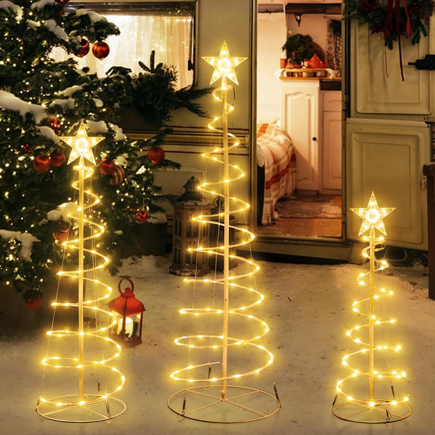 Set of 3 Christmas Decoration Outdoor Spiral Tree, 3/4/5 FT 240 LED Xmas Collapsible Tree Lighted 3D Lights Holiday Display Decorative for Indoor Outdoor Xmas Patio Wedding Decor(Warm White)