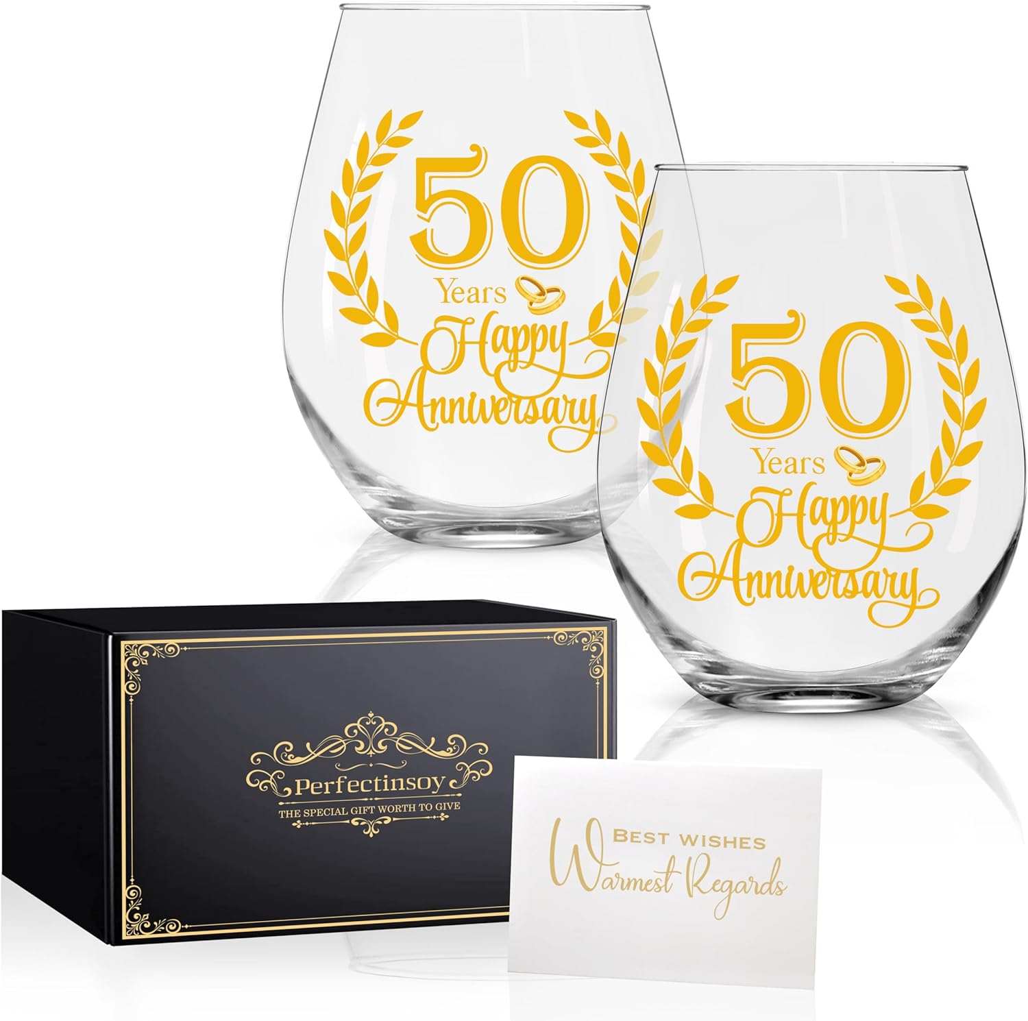 Perfectinsoy 50 Years Happy Anniversary Wine Glass Set of 2, 50th Anniversary Golden Wedding Gift For Mom, Dad, Wife, Soulmate, Couple, Funny Vintage Unique 50 Years Gifts, Wedding Gifts
