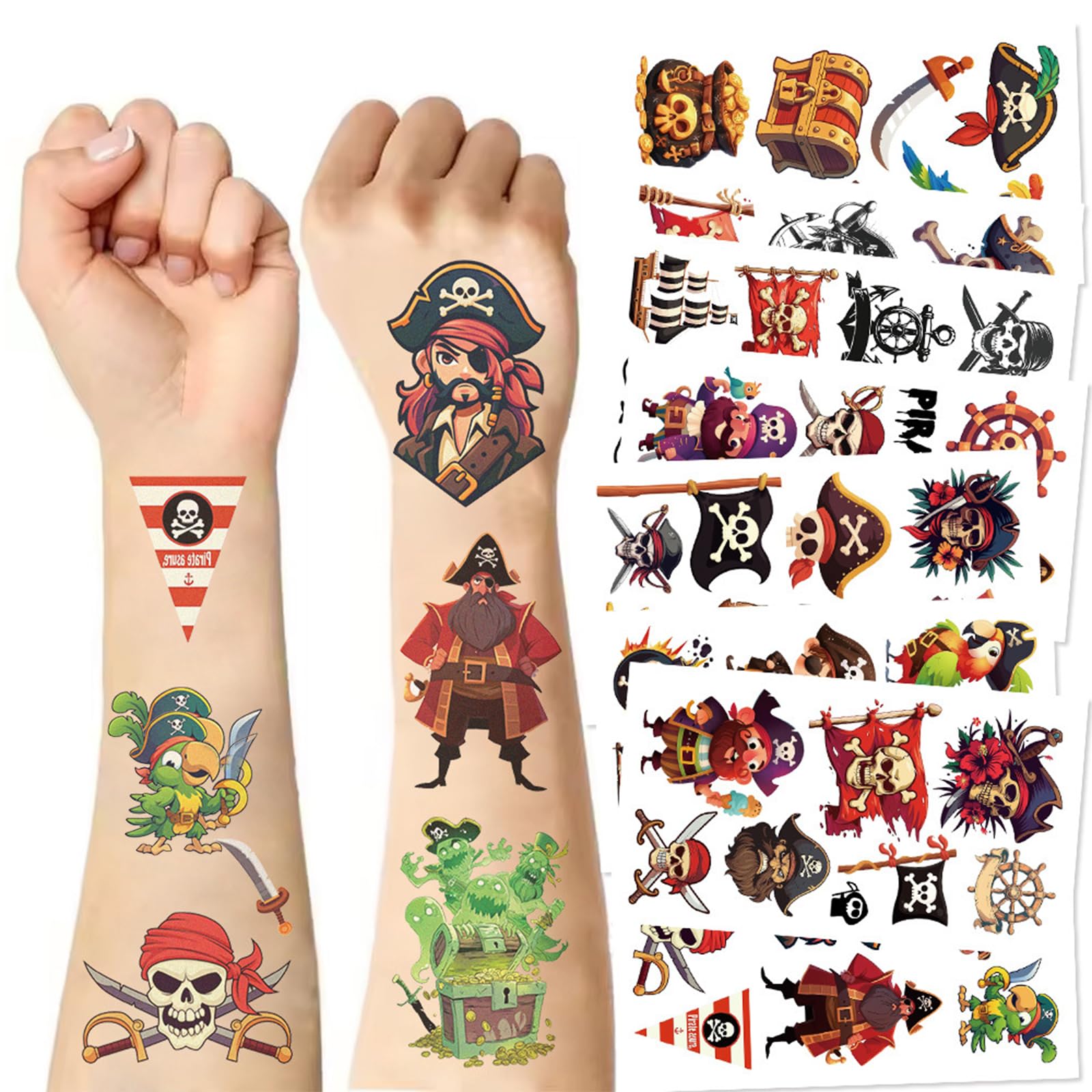 10Sheets Pirate Tattoos-pirate stickers,Waterproof, Fun Designs for Parties, Easy to Apply, 3x3 Inches, Perfect for Pirate-Themed Birthday Parties,